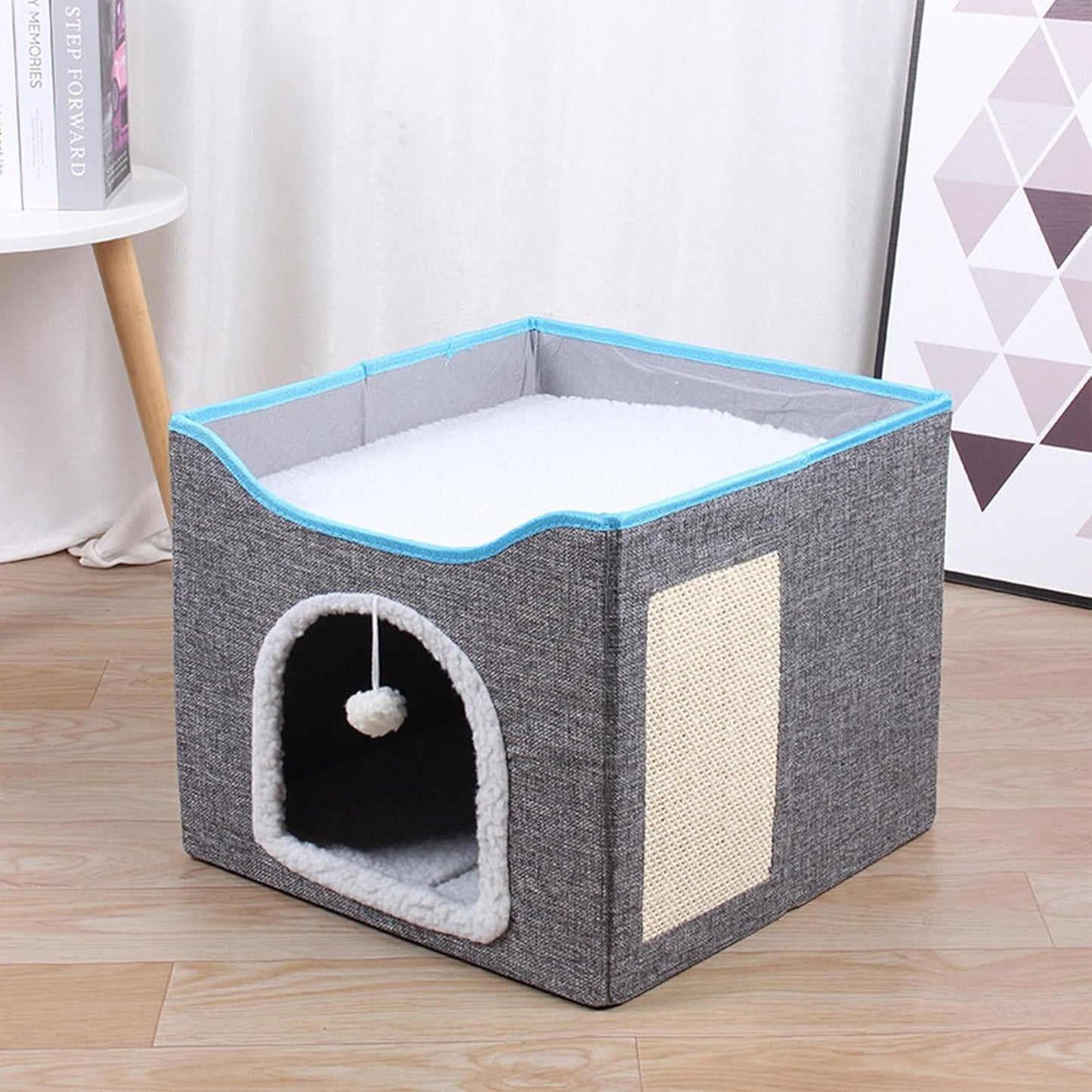 SKY-TOUCH Foldable Cat House Cave Bed with Scratching Board & Fluffy Ball, Indoor Cat Igloo Bed for Multi Small Pets, Grey – Pet Safe Durable, 41x41x35cm