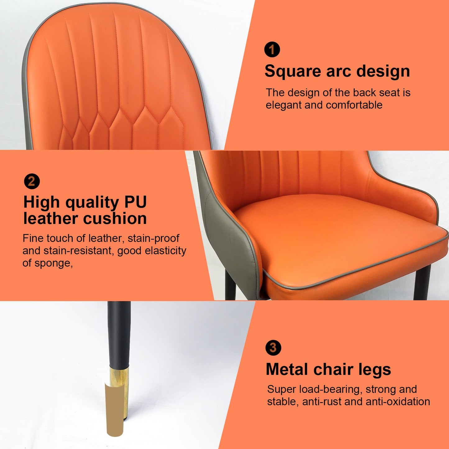 SKY-TOUCH Modern PU Leather Dining Chair, High Back with Soft Seat, Metal Side Legs, Orange, 45x43x90cm, Ideal for Kitchen, Dining Room, Living Room, and Vanity,1pcs
