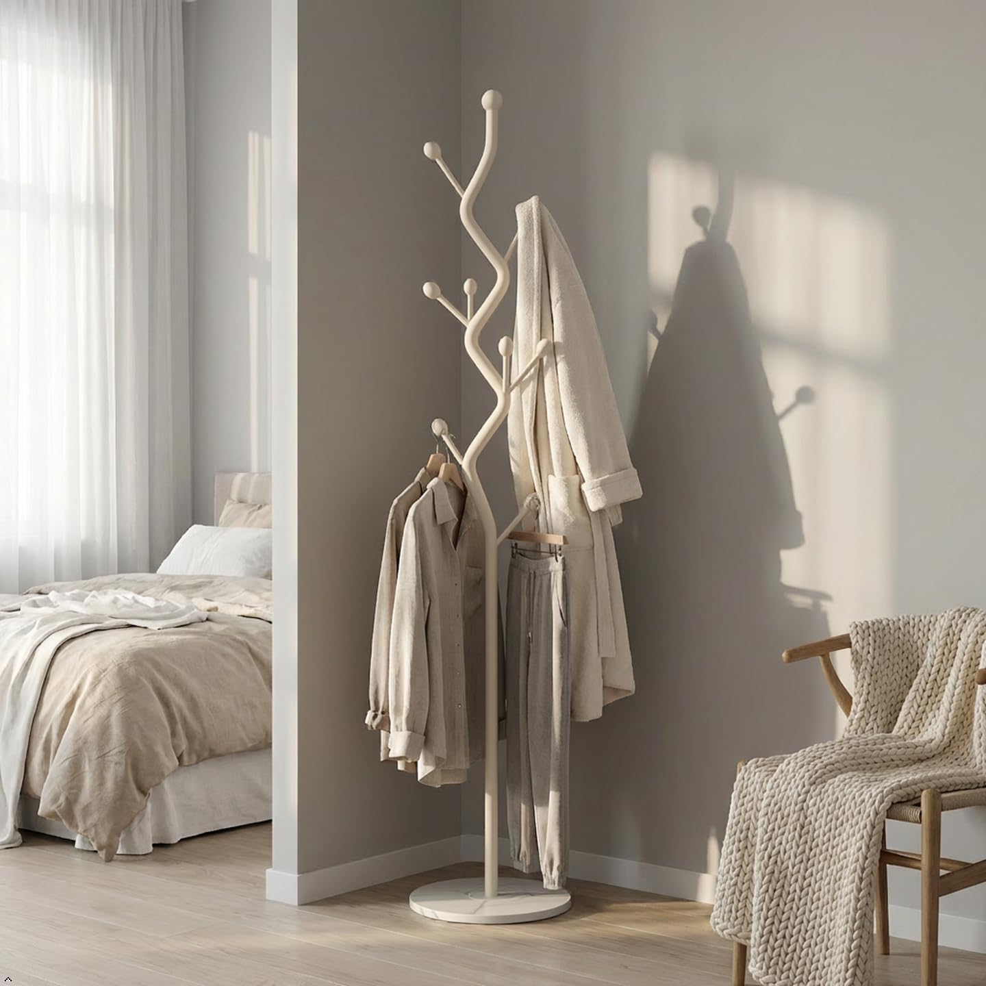 SKY-TOUCH Metal Coat Rack Stand, Freestanding Modern Coat Tree with Sturdy Marble-Look Base, Multi-Hook Hall Tree Organizer for Entryway, Hallway, Bedroom, Living Room, White, 27x27x170cm
