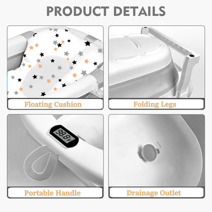 SKY-TOUCH Baby Foldable Bathing Tubs with Soft Bathmat Cushion & Thermometer, NewBorn Babybath Tub with Drain Hole, Non-Slip Support Leg for 0-6 Years Boy Girl (Grey)