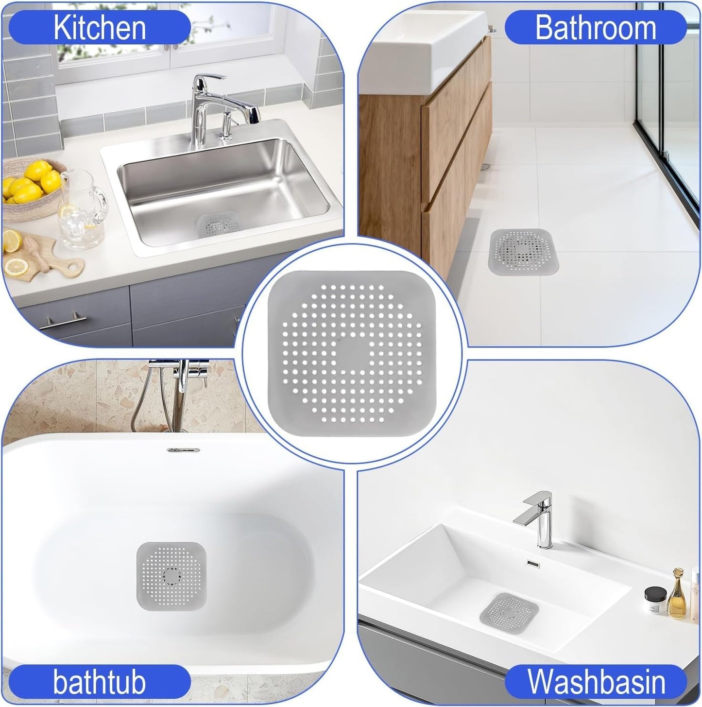 SKY-TOUCH Drain Hair Catcher 3pcs, Silicone Bathroom Accessories Shower Drain Protector Sink Drain Strainer Hair Stopper for Shower Kitchen Bathroom Tub Grey
