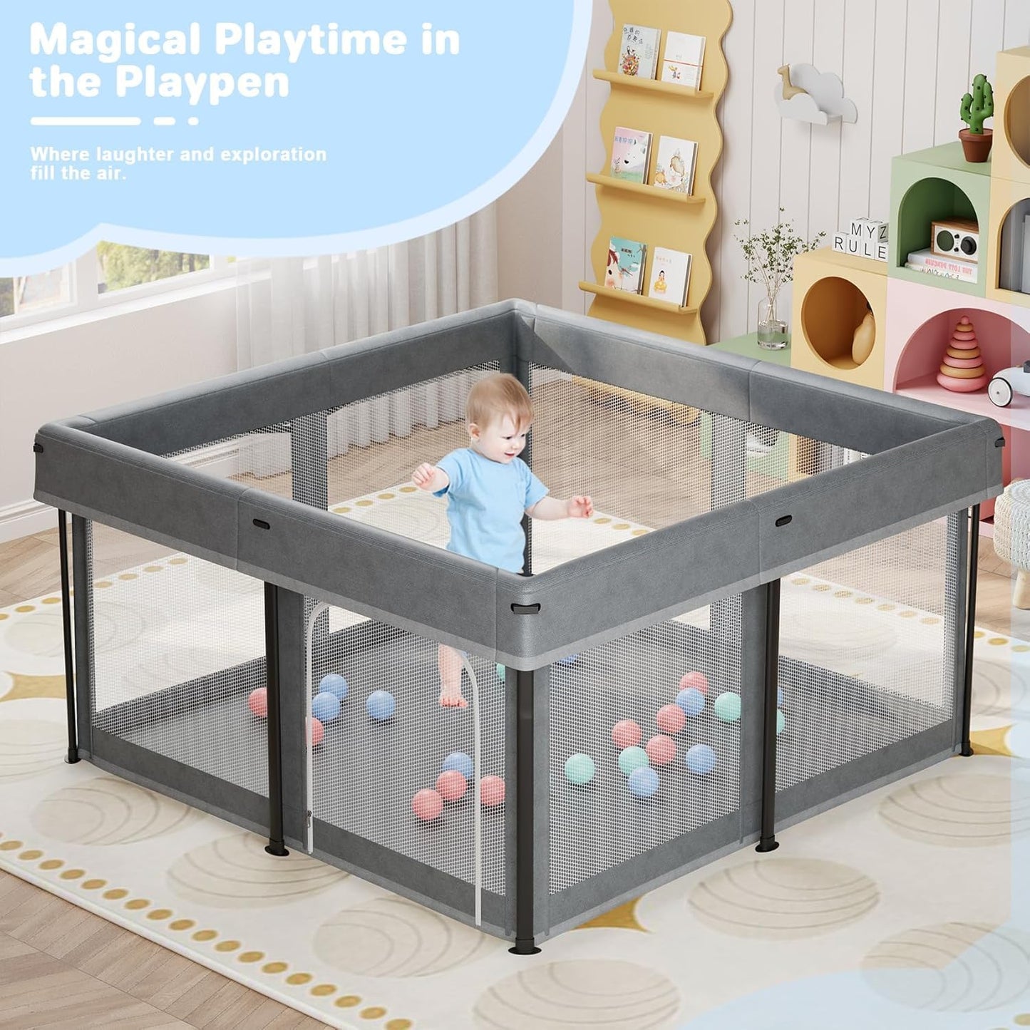 SKY-TOUCH Foldable Baby Playpen 125x125x65cm, Sturdy Anti-Fall Baby Playpen with Breathable Mesh, Portable Play Pen for Babies and Toddlers, Indoor & Outdoor Baby Play Area, Gray - 2 Pull-Up Ring