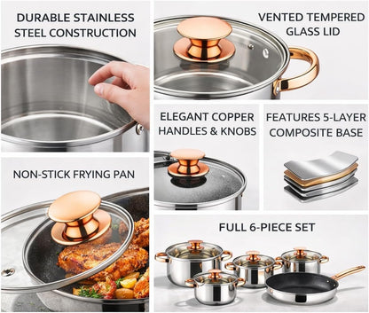 SKY-TOUCH 12PCS Stainless Steel Cookware Set, Multipurpose Pots & Pans Setve with Tempered Glass Lids Fast Heating & Easy to Clean Kitchen Essentials for Cooking (Golden Brown)