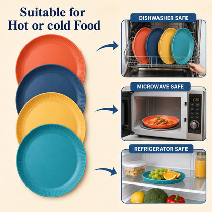 SKY-TOUCH 4 Pack Wheat Straw Plates, Reusable Unbreakable Plates with 3D Textured Stripe Design, BPA-Free Dishwasher Safe Dinner Plates for Salad Dessert Snacks Kitchen Dining