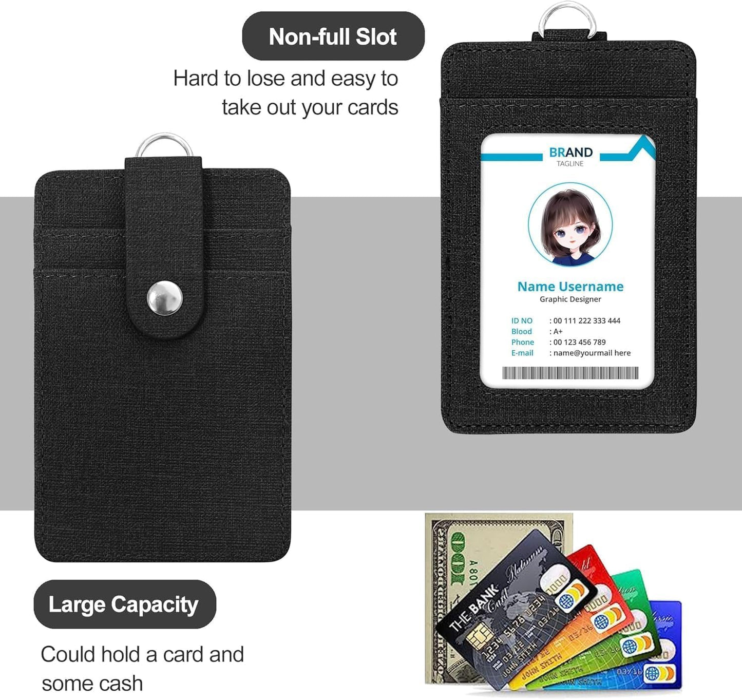 SKY-TOUCH Badge Holder, PU Leather Card Wallet with Retractable Clip, Featuring 3 Card Slots And a Neck Lanyard/Shoulder Strap Suitable for Office IDs, Student IDs, And Driver's Licenses Black