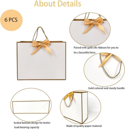 SKY-TOUCH 6-Piece White Gift Bag Set with Gold Trim – Includes 6 Gold Ribbons, 6 Greeting Cards, and 12 Matching White Tissue Sheets (28 × 10 × 20 cm)