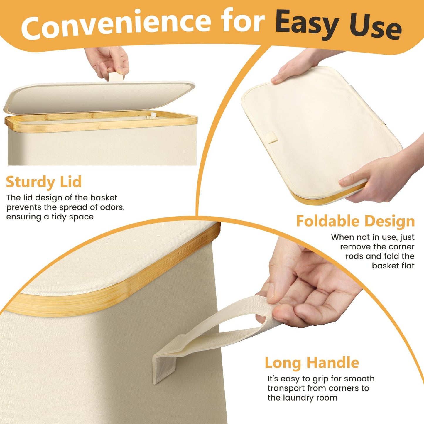 SKY-TOUCH 65L Slim Laundry Basket with Lid, Beige Foldable Laundry Hamper with Removable Inner Bag, Narrow Clothes Basket for Bedroom, Bathroom, Laundry Room & Dorm, 41x22x72cm, Beige