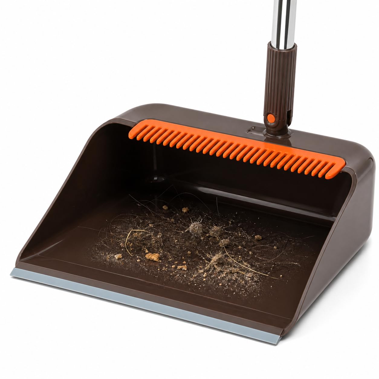 SKY-TOUCH Coffee Brown Broom and Dustpan Set with Long Handle, Upright Standing Dustpan with Built-in Comb Teeth, Indoor Sweeping Cleaning Set for Kitchen, Home, Office and Pet Hair