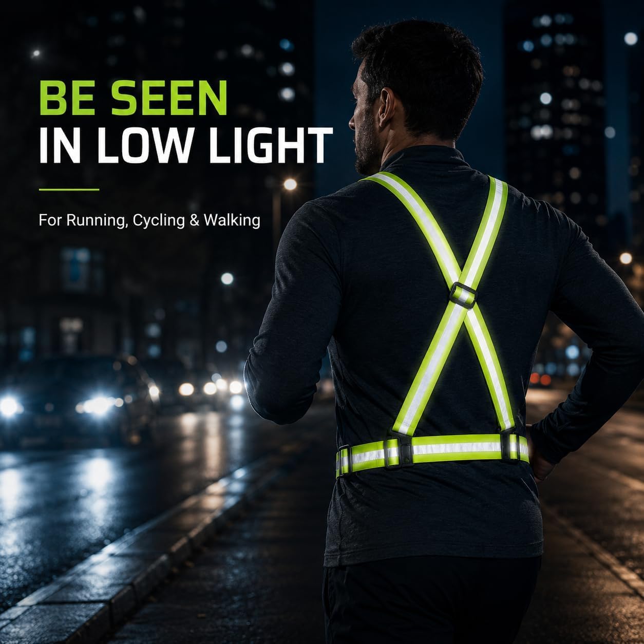SKY-TOUCH Reflective Safety Harness/Elastic Safety Vest—Designed for Walking, Jogging, and Hhiking Lightweight Breathable and Adjustable Elastic Strap Width: 4 cm Reflective Strip Width: 1.5 cm Green