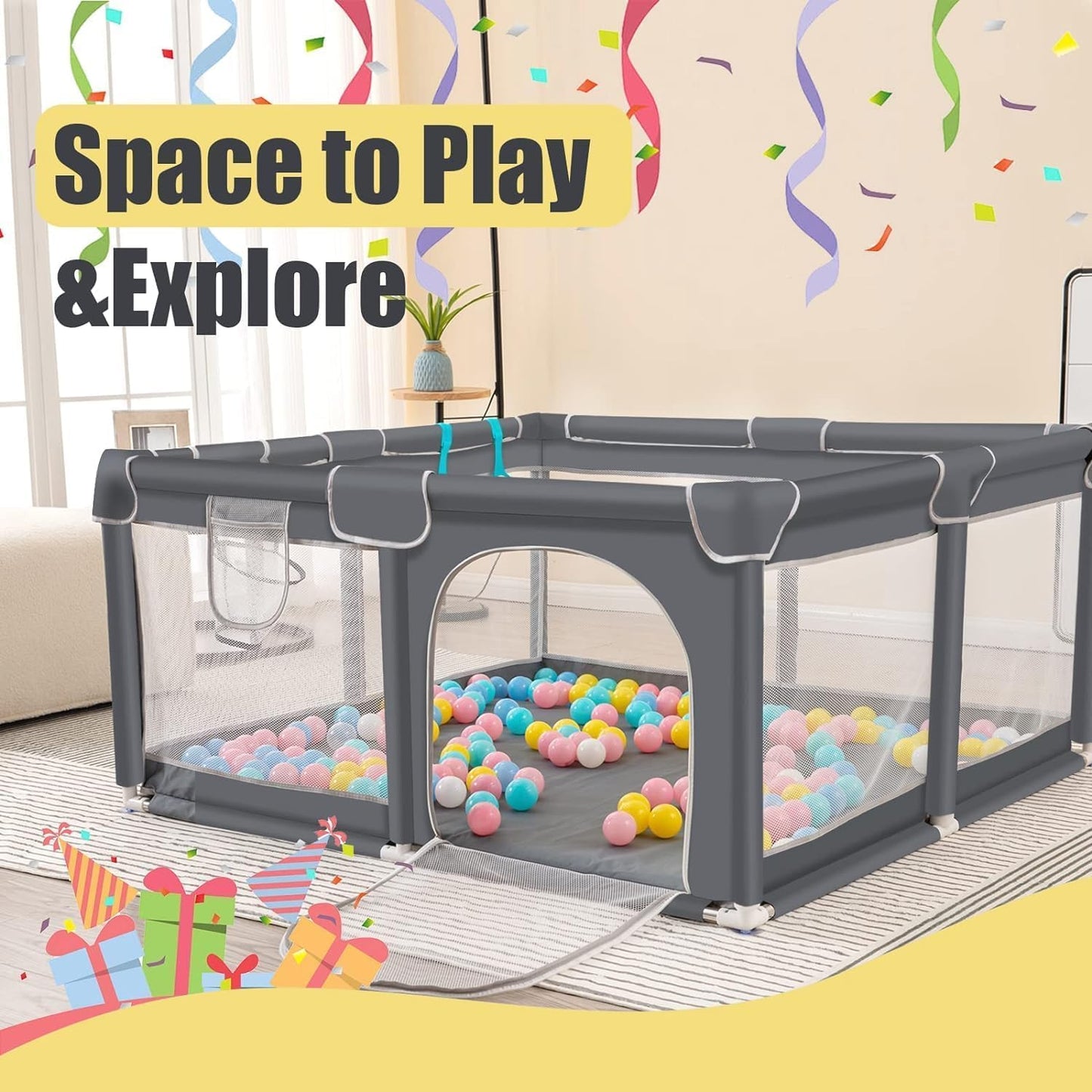 SKY-TOUCH Baby Playpen, Extra Large Playpen for Babies, Kids Safe Play Center for Babies with Breathable Mesh and Zipper Door，and Toddlers Gives Mommy a Break