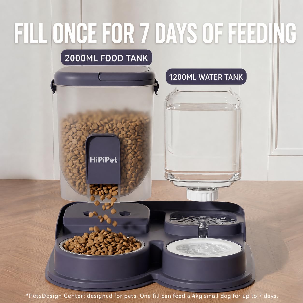 SKY-TOUCH Automatic Cat Food and Water Dispenser, 2L Pet Feeder with 1.2L Water Tank, Anti-Tip Gravity Feeding Station with Stainless Steel Bowl for Cats and Small Dogs, Ivory White