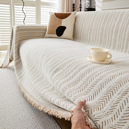 SKY-TOUCH Chenille Sofa Cover 180 * 420cm, Extra Large Multi-Functional Sofa Slipcovers with Tassels, Cat-Proof & Anti-Scratch Couch Protector Slipcover, Shaped Dogs Protector Furniture Covers, Beige