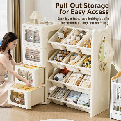 SKY-TOUCH Four-tier Toy Storage Rack, Children's toy Storage Rack And Bookshelf, Multi-functional Shelf With Drawers, Suitable for Toys And Books