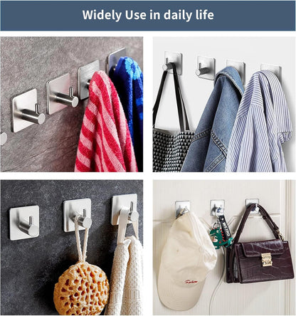 SKY-TOUCH Adhesive Towel Hooks 4pcs, Heavy Duty Wall Stainless Steel Hooks for Hanging Coat Clothes Towels Hat Bags for Home Entryway Bathroom Kitchen