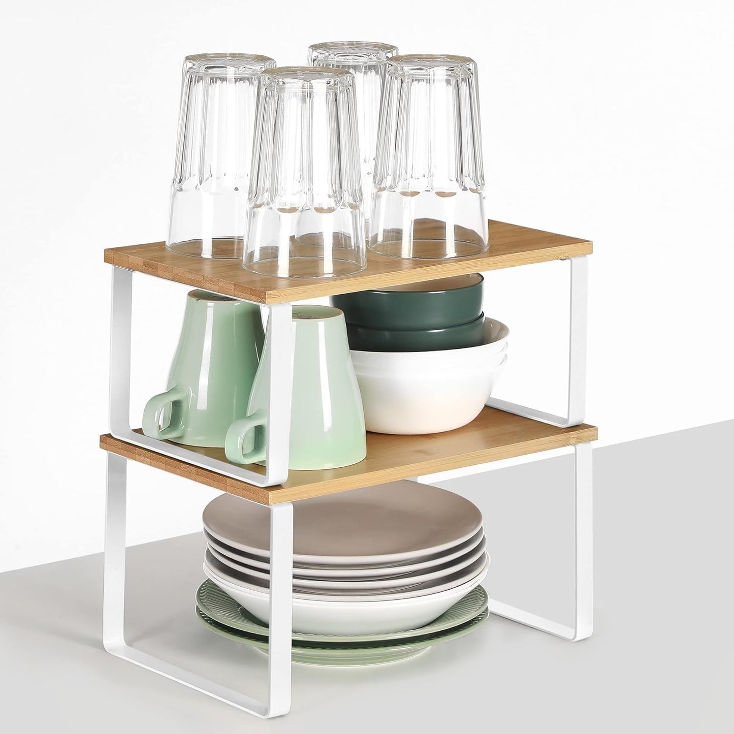 SKY-TOUCH Stackable Kitchen Organizer Shelf, Set of 2 Counter Shelves, Spice Rack, Metal & Engineered Wood, White, Storage Solution for Pantry & Countertop