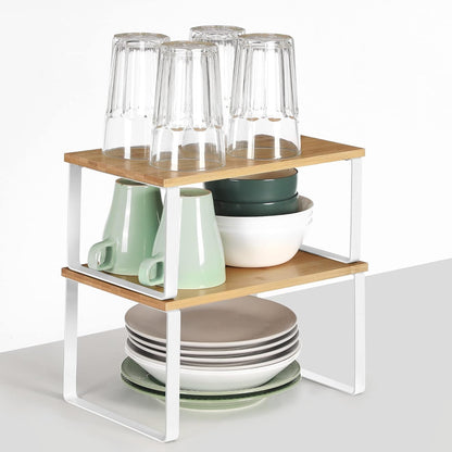 SKY-TOUCH Stackable Kitchen Organizer Shelf, Set of 2 Counter Shelves, Spice Rack, Metal & Engineered Wood, White, Storage Solution for Pantry & Countertop