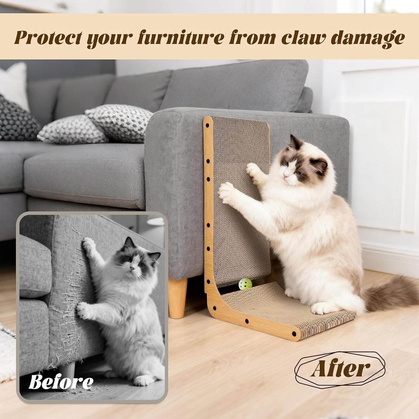 SKY-TOUCH L Shape Cat Scratcher, Large 26.8'' Vertical Cat Scratchers with Ball Toy, Cardboard Scratch Pad for Indoor Cats, Wall and Couch