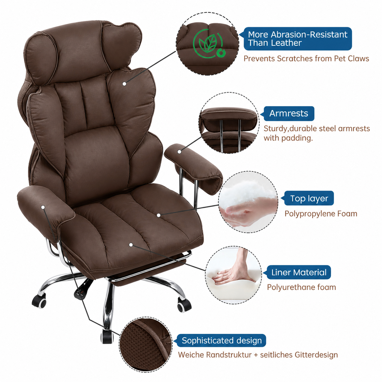 SKY-TOUCH Executive Office Chair with Lumbar Support & Leg Rest, Adjustable Height Leather Computer Chairs, Wide Seat Desk Chair for Home Office Work, Comfy, Recliner, Coffee - 67x70x125cm