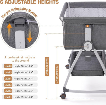 SKY-TOUCH Baby Bedside Crib Adjustable, Baby Cradle With Large Storage Basket, Travel Crib with Mattress Breathable Net,Mosquito Net Detachable, Soft Mattress 360°Swivel Wheels, for Infants Newborn