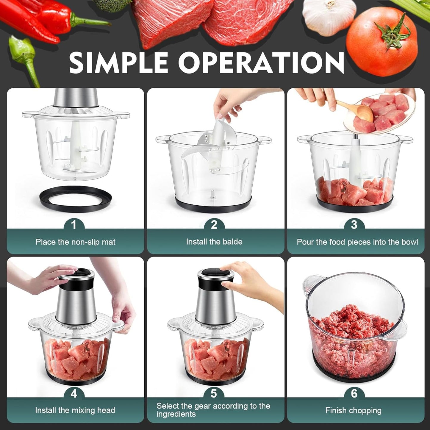 SKY-TOUCH Multi Chopper & Mincer,500W Food Grinder Chopper,2 Speed,6 Detachable SS Blades,for Chopping, Ice Crushing, Meat Mincing, Grinding, Pureeing,Anti Slip Ring,3L Working Capacity