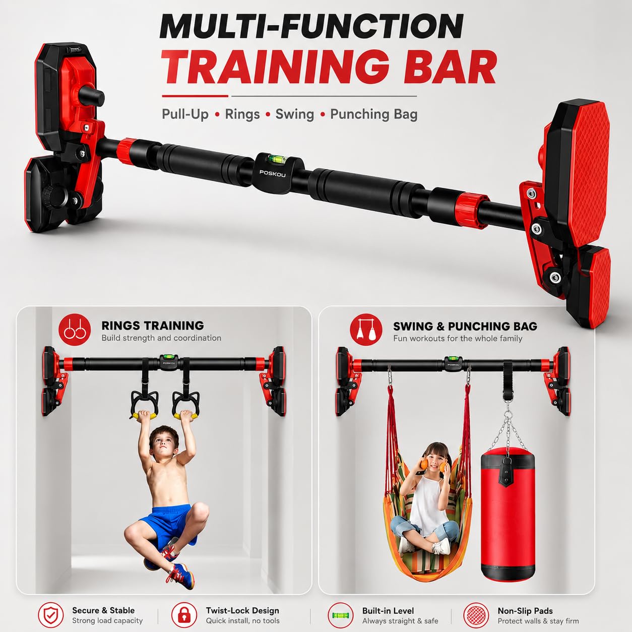 SKY-TOUCH Pull Up Bar for Doorway, Adjustable 70-96cm Chin Up Bar with Dual Support Design and Dual Bubble Levels, No Drill Installation Strength Training Bar for Home Gym Fitness Exercise