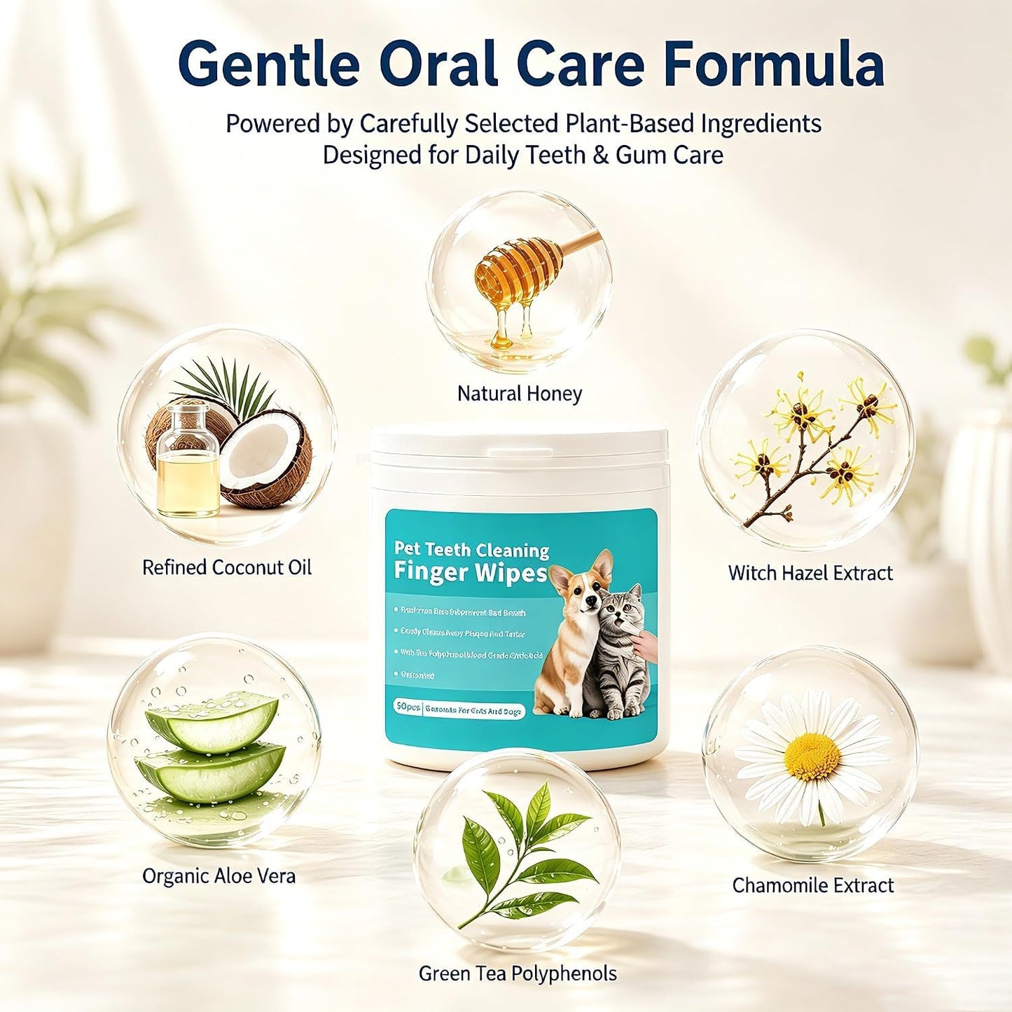 SKY-TOUCH Pet Teeth Cleaning Finger Wipes for Dogs & Cats, Gentle Daily Oral Care Dental Wipes Helps Reduce Plaque Tartar & Freshens Breath, Dog Toothbrush Alternative for Puppies, 50 Count