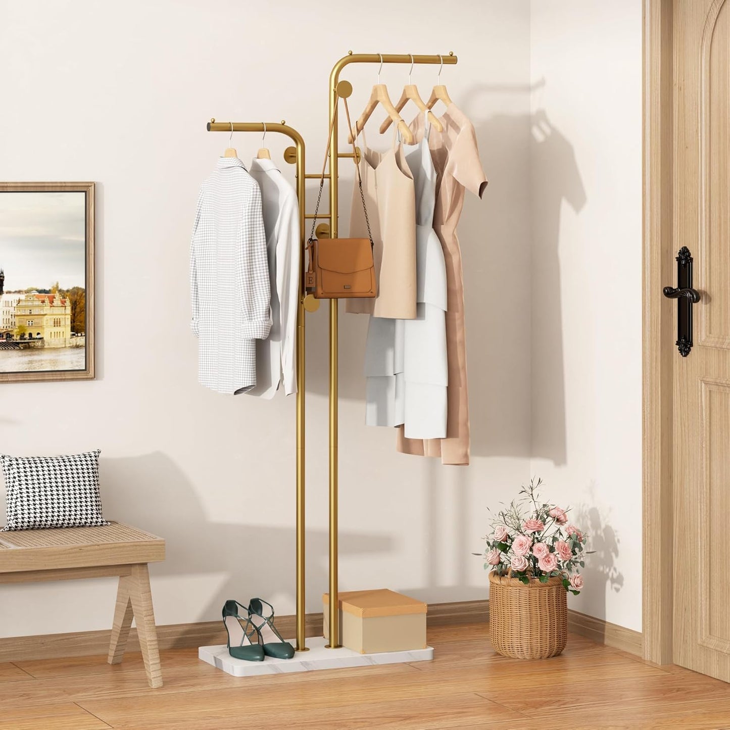 SKY-TOUCH Metal Coat Rack, Modern Double-Pole Clothes Hanger Stand with 5 Hooks, Freestanding Coat Tree with Stable Base for Entryway, Closet, Bedroom, Living Room, Gold