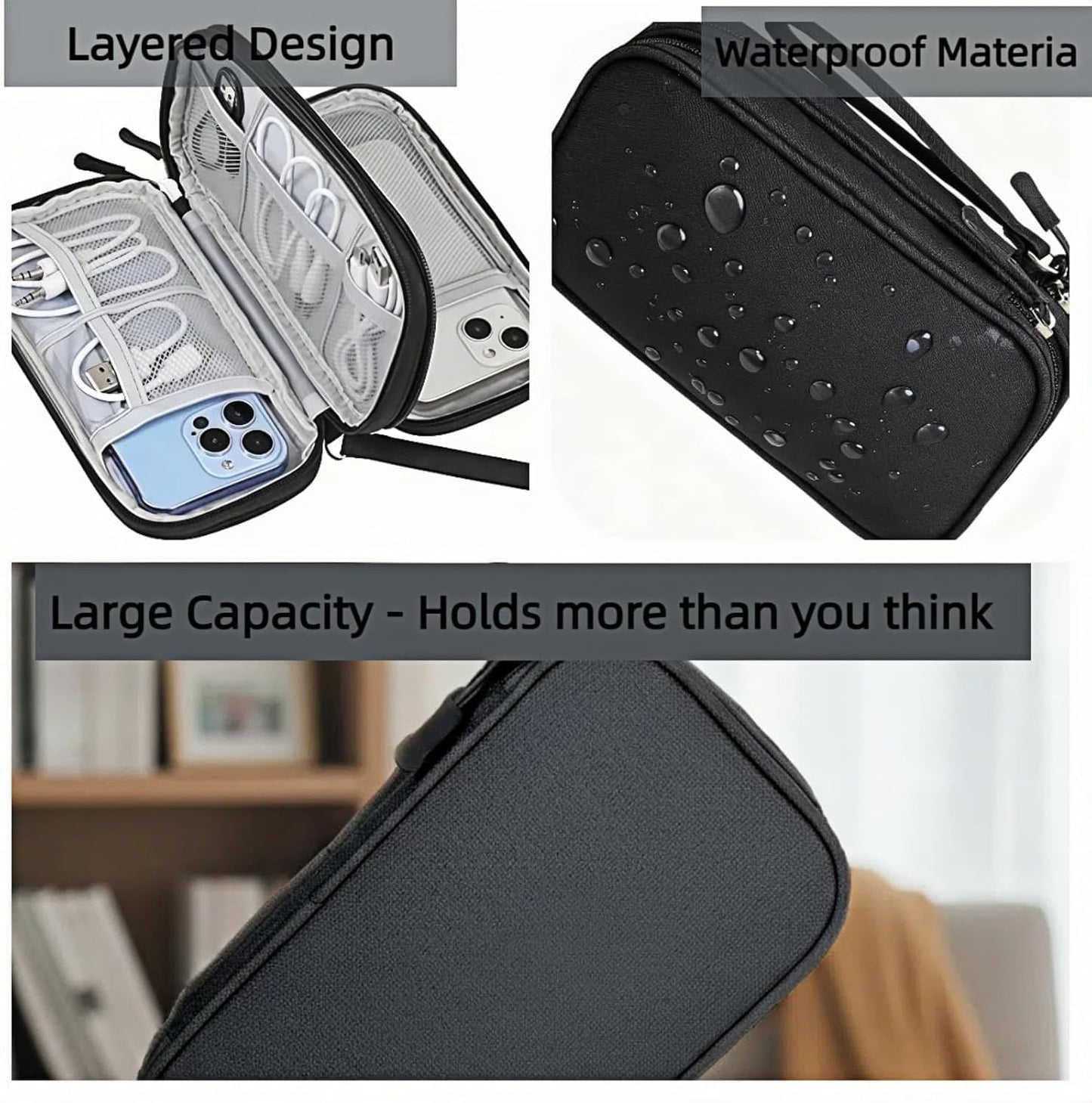 SKY-TOUCH Portable Waterproof Electronic Accessory Organizer Bag – Suitable for Cables, Chargers, Phones, Earphones, and More (Black)