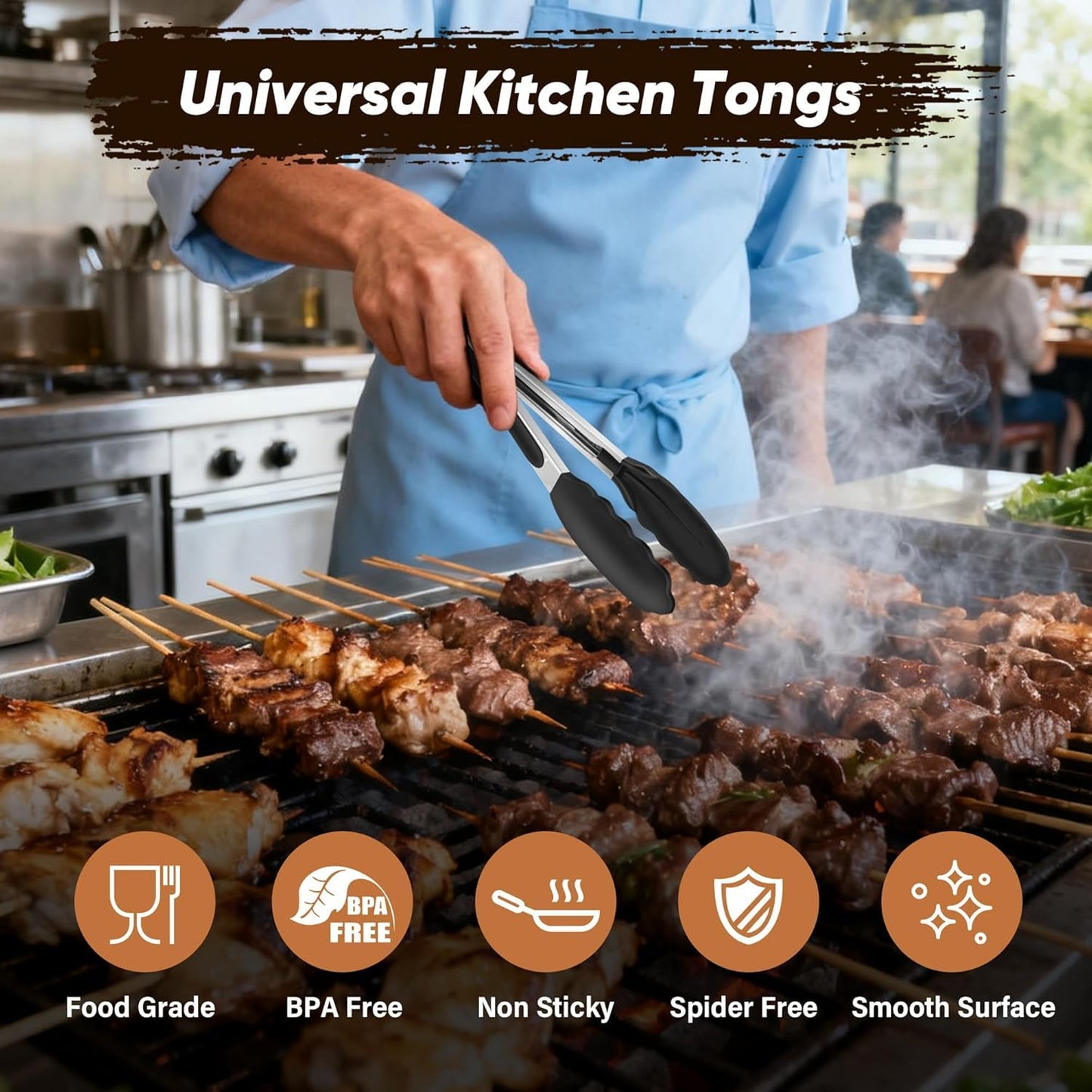 SKY-TOUCH 2 Pack Kitchen Food Tongs for Cooking, 9 Inch Non-Stick Silicone and Metal Tongs Easy Grip Locking Salad Tong Heat Resistant for BBQ Cooking Barbecue Steak and Serving Food Non Stick