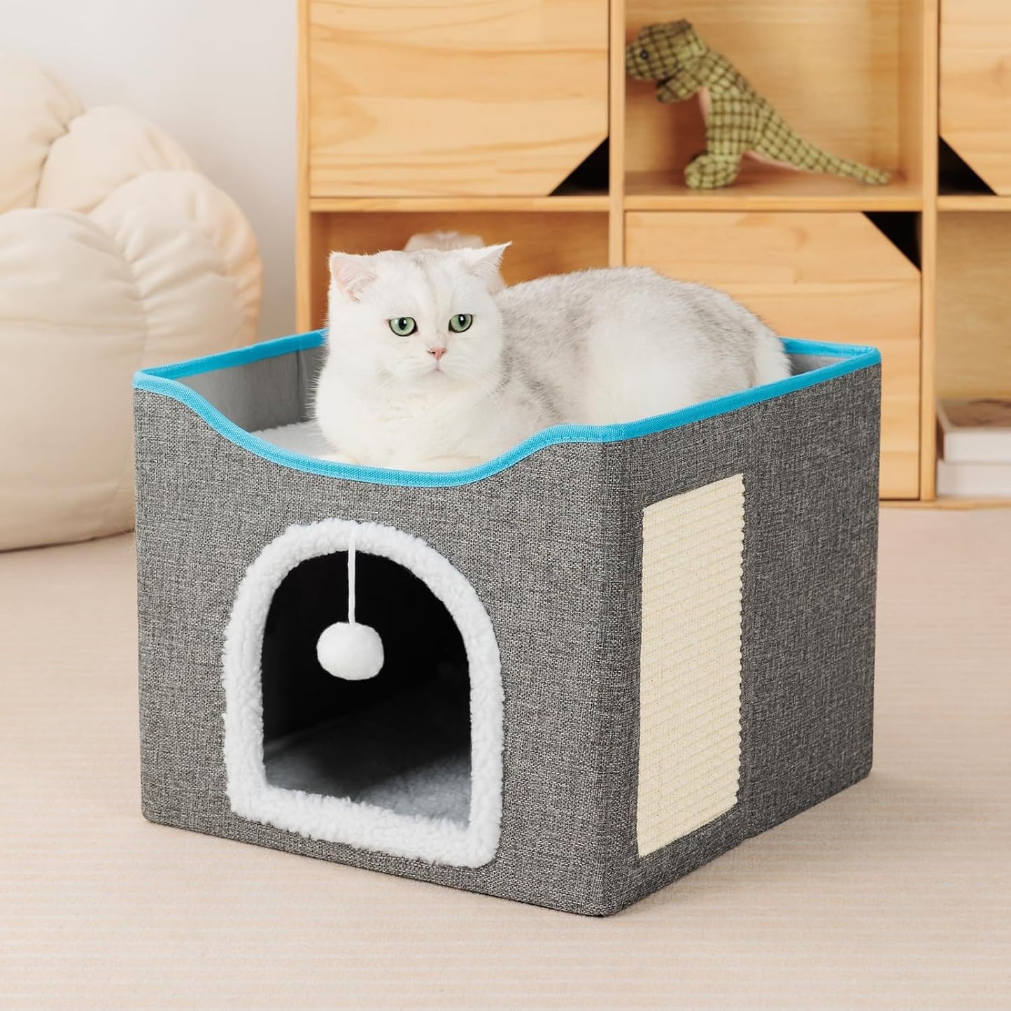 SKY-TOUCH Foldable Cat House Cave Bed with Scratching Board & Fluffy Ball, Indoor Cat Igloo Bed for Multi Small Pets, Grey – Pet Safe Durable, 41x41x35cm