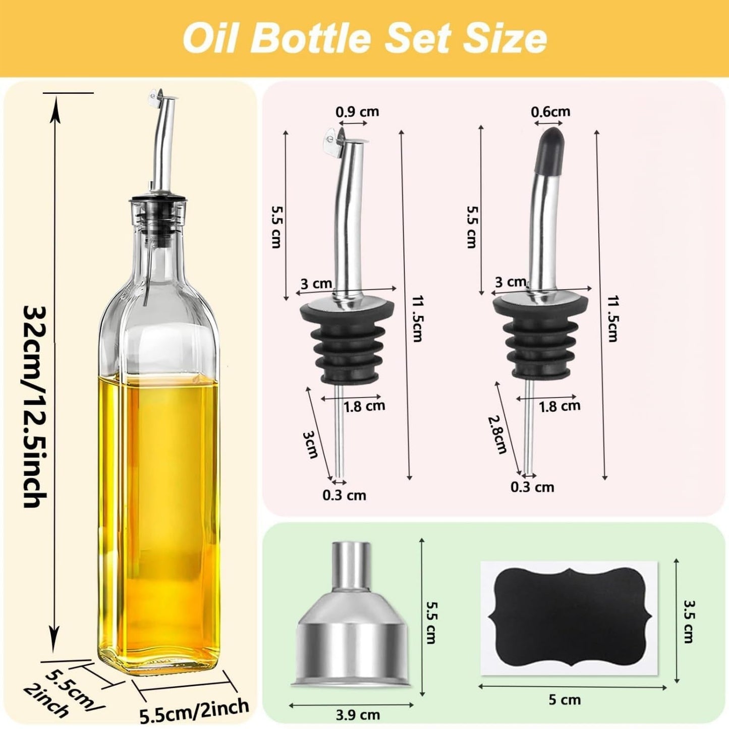 SKY-TOUCH 2 Pcs Oil Dispenser Bottles, 500ml Glass Olive Oil Dispenser Bottle and Vinegar Dispenser Set with Pourers, Funnel and Labels