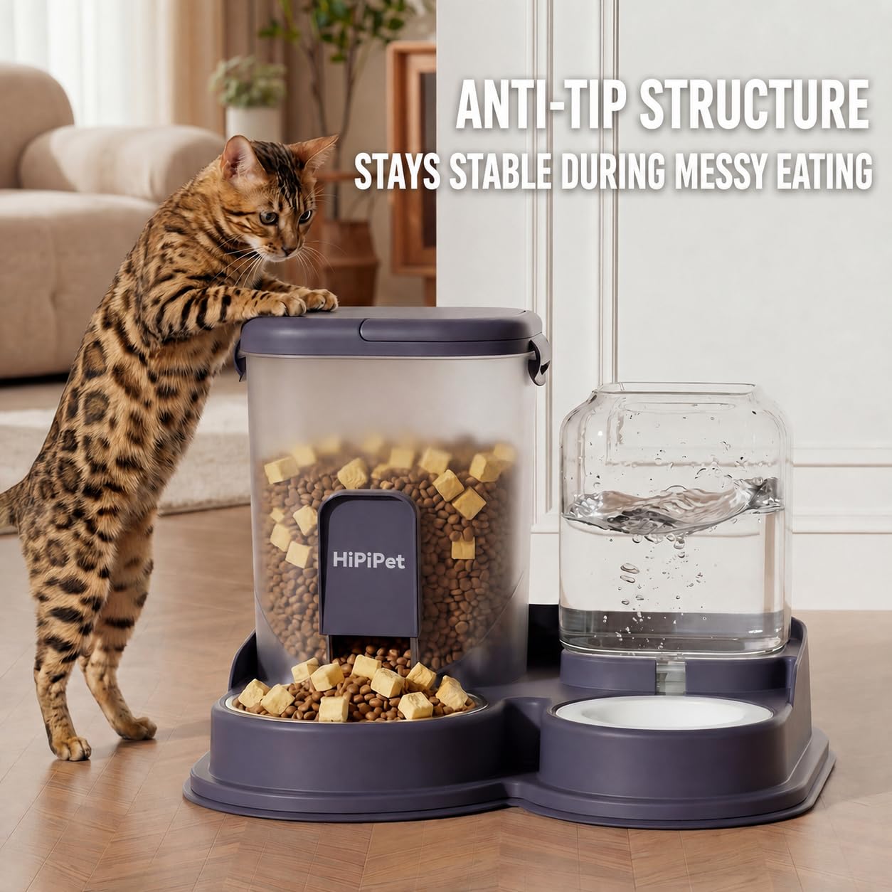 SKY-TOUCH Automatic Cat Food and Water Dispenser, 2L Pet Feeder with 1.2L Water Tank, Anti-Tip Gravity Feeding Station with Stainless Steel Bowl for Cats and Small Dogs, Ivory White