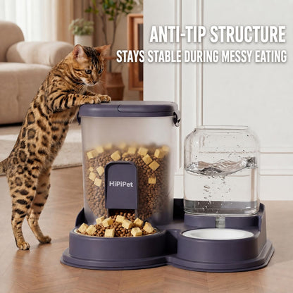 SKY-TOUCH Automatic Cat Food and Water Dispenser, 2L Pet Feeder with 1.2L Water Tank, Anti-Tip Gravity Feeding Station with Stainless Steel Bowl for Cats and Small Dogs, Ivory White