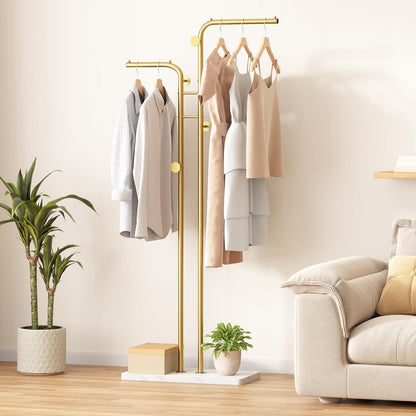 SKY-TOUCH Metal Coat Rack, Modern Double-Pole Clothes Hanger Stand with 5 Hooks, Freestanding Coat Tree with Stable Base for Entryway, Closet, Bedroom, Living Room, Gold