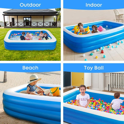 SKY-TOUCH Inflatable Paddling Pool, 3 Rings Large Rectangular Family Swimming Center for Kids Toddlers Adult, Indoor Outdoor Garden Swimming Pool,Blue (300x170x56cm)