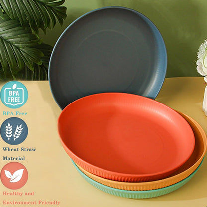 SKY-TOUCH 4 Pack Wheat Straw Plates, Reusable Unbreakable Plates with 3D Textured Stripe Design, BPA-Free Dishwasher Safe Dinner Plates for Salad Dessert Snacks Kitchen Dining