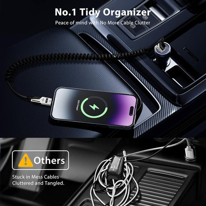 SKY-TOUCH 4-in-1 Spring-loaded Data Cable 1.5m Type-C 65W Super Fast Charging Cable Spring-loaded Multi-functional USB-C Cable Compatible with iPhone MacBook Laptops Tablets and Car Chargers black