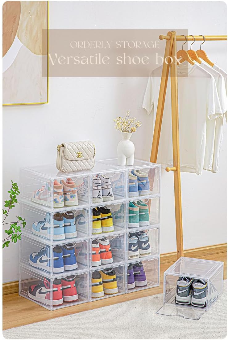 SKY-TOUCH Shoe Storage Box, 6 Pcs Shoe Box Clear Plastic Stackable, Sturdy Foldable Shoe Organizer Containers with Magnetic Door for Women/Men, White, 33.5x25x18cm
