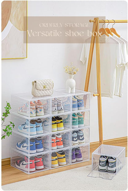 SKY-TOUCH Shoe Storage Box, 6 Pcs Shoe Box Clear Plastic Stackable, Sturdy Foldable Shoe Organizer Containers with Magnetic Door for Women/Men, White, 33.5x25x18cm