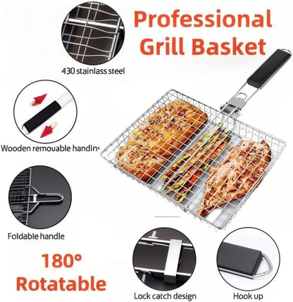 SKY-TOUCH Outdoor Barbecue Basket, Multi-Functional BBQ Grill, With Detachable Portable Handle, Suitable for Grilling Vegetables, Shrimp, Fish, And Steak 46.5cm * 32cm * 4cm