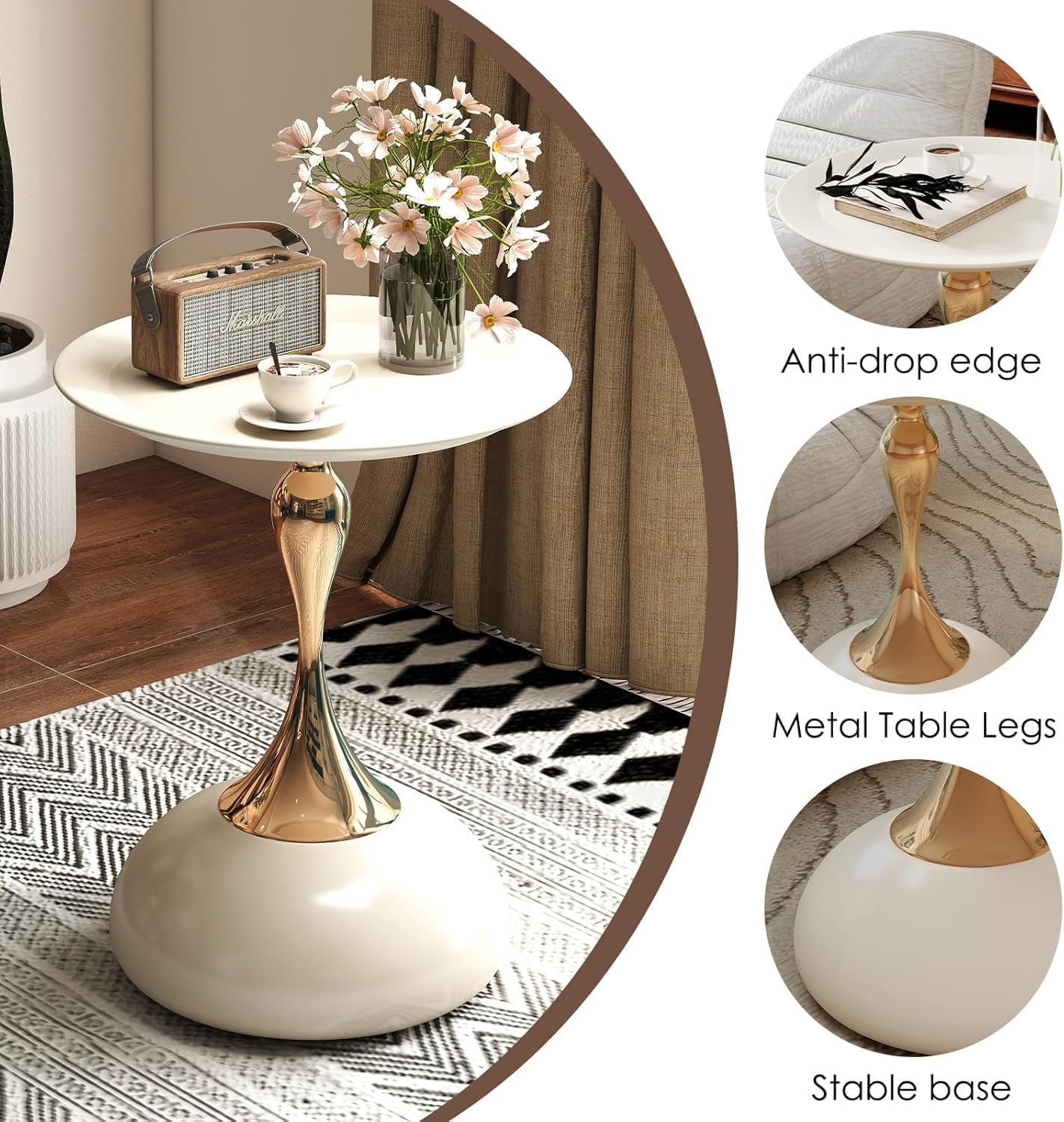 SKY-TOUCH Round Side Table, Slim-waisted Sofa Side Table, Modern Minimalist Style, Electroplated Metal Frame, Suitable For Small Spaces, Living Rooms, And Bedrooms, 39 * 39 * 55cm Black