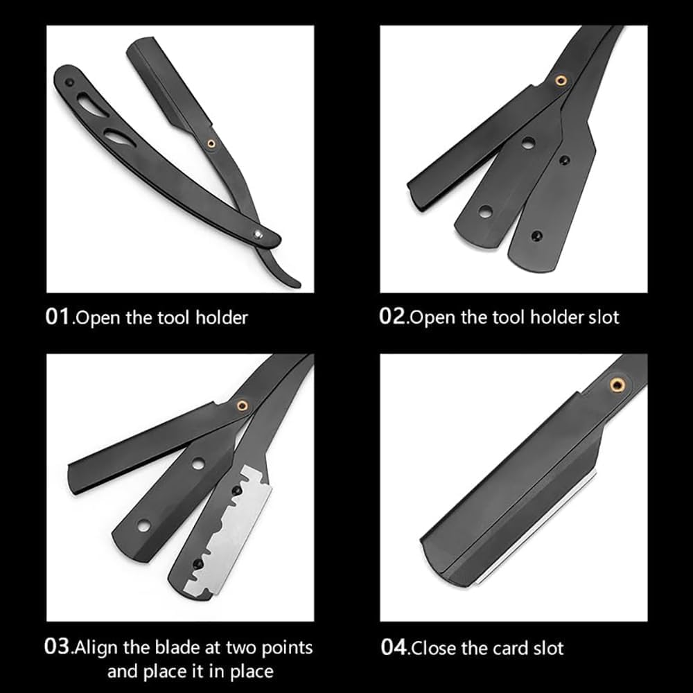 SKY-TOUCH Men's Straight Razor Set, Professional Straight Razor, 10 Replaceable Stainless Steel Blades, Includes Leather Case, Professional Barber Razor, Close Shave, 100% Stainless Steel, Black