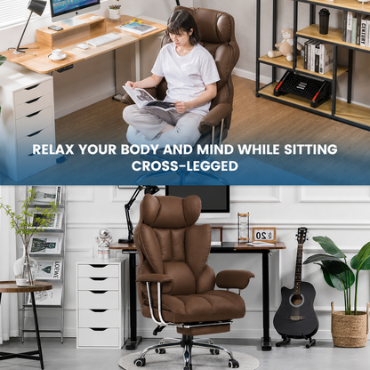 SKY-TOUCH Executive Office Chair with Lumbar Support & Leg Rest, Adjustable Height Leather Computer Chairs, Wide Seat Desk Chair for Home Office Work, Comfy, Recliner, Coffee - 67x70x125cm