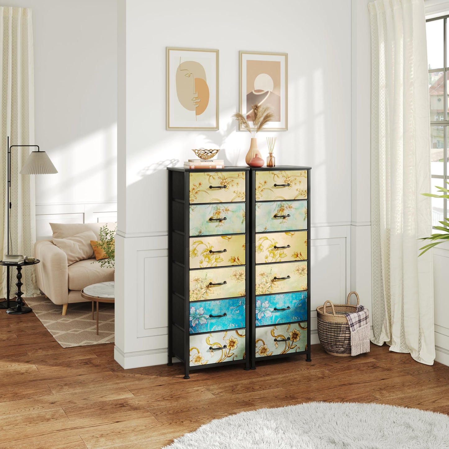 SKY-TOUCH 6 Layer Storage Tower with 6 Fabric Chest Dresser,Tall Dresser & Chests of Drawers and NightStand,for Bedroom,Nursery Living Room Entryway Hallway, Charcoal Black,48.5 * 28.5 * 104cm