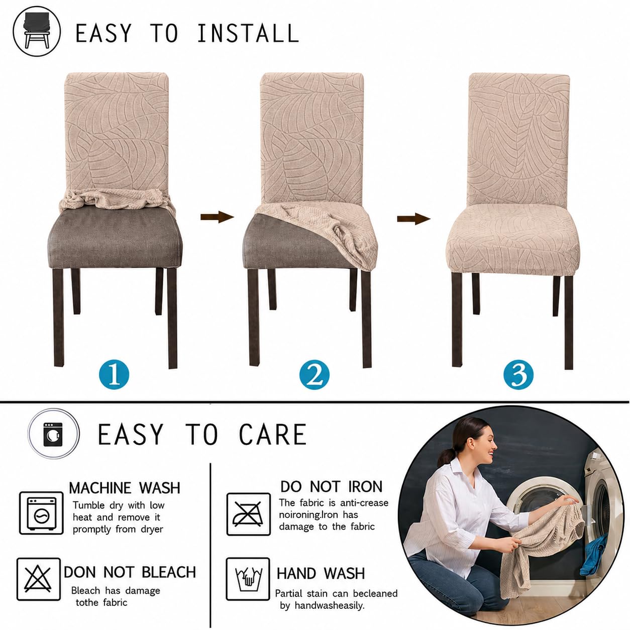 SKY-TOUCH 2 PCS Dining Chair Slipcovers, Stretch Dining Room Chair Covers, Removable Washable Chair Protectors, Dustproof Chair Covers for Home, Kitchen, Restaurant, Hotel (Sand)