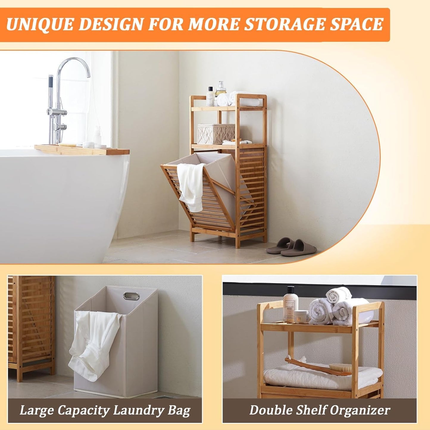 SKY-TOUCH Bamboo Laundry Hamper, Three-tier Open Shelving, Tiltable Design, with Removable Inner Bag, Independent Storage Rack, Suitable for Bathroom, Living Room, and Bedroom