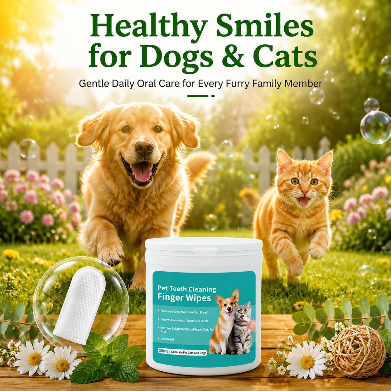 SKY-TOUCH Pet Teeth Cleaning Finger Wipes for Dogs & Cats, Gentle Daily Oral Care Dental Wipes Helps Reduce Plaque Tartar & Freshens Breath, Dog Toothbrush Alternative for Puppies, 50 Count