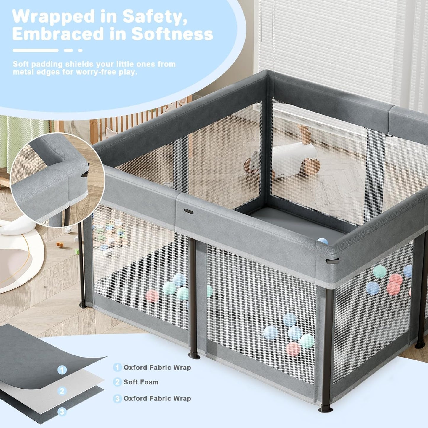 SKY-TOUCH Foldable Baby Playpen 125x125x65cm, Sturdy Anti-Fall Baby Playpen with Breathable Mesh, Portable Play Pen for Babies and Toddlers, Indoor & Outdoor Baby Play Area, Gray - 2 Pull-Up Ring