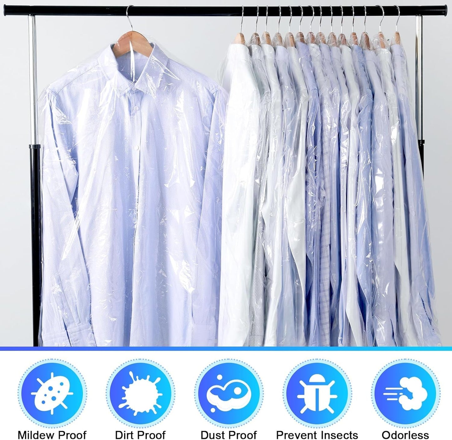 SKY-TOUCH 50 Pack Plastic Garment Bags, Clear Dustproof Clothes Covers for Suits, Dresses, Jackets, and Shirts – Heavy Duty,Waterproof, and Tear-Resistant, 60 x 120 cm