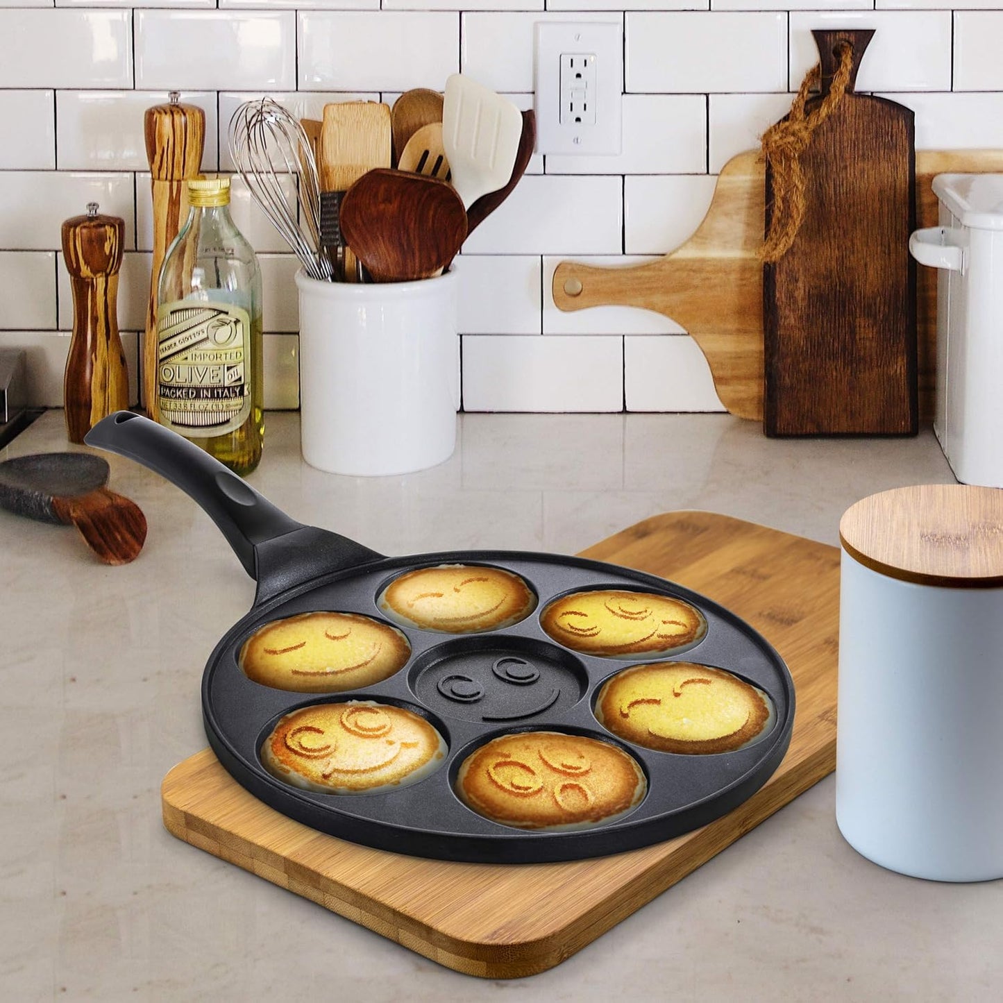SKY-TOUCH Seven Hole Smiley Faces Pancake Pan, Non Stick Pan Muffin Flat Pot Egg Dumpling Fried Egg Mold Breakfast Pot, 26.5x26.5cm - with Cool Touch Handle